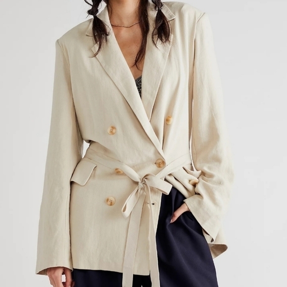 Free People Jackets & Blazers - Free People Olivia Double Breasted Linen Blend Pebble/Sand Blazer New XS